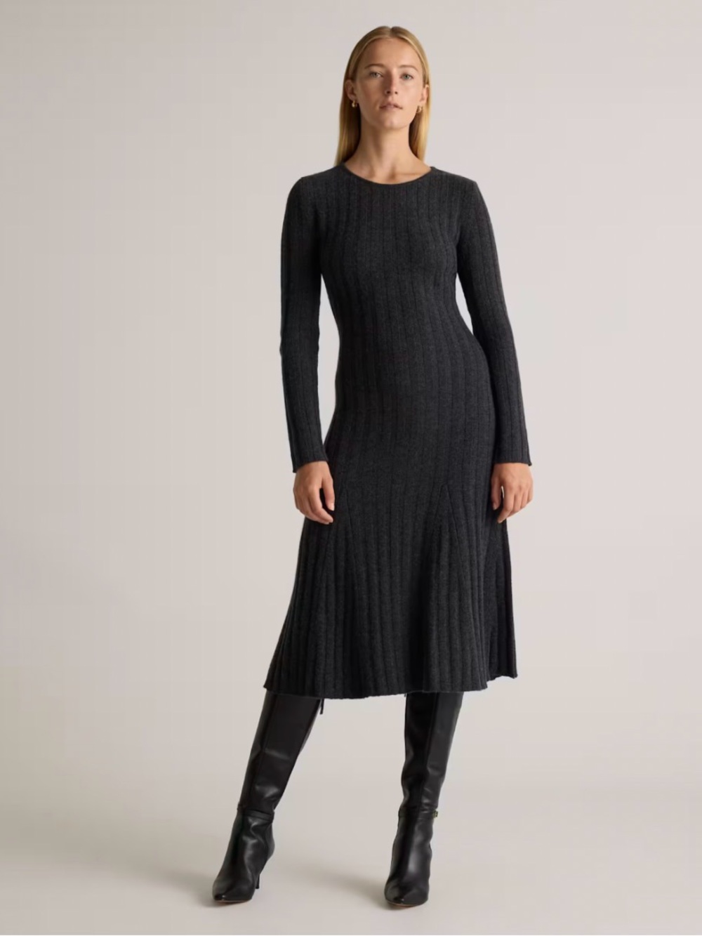 Quince Mongolian Cashmere Wide-Rib Midi Dress Size Small..,Heather Charcoal